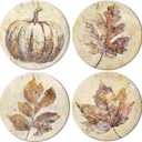 4Pcs Fall Thanksgiving Ceramic Coasters Vintage Pumpkin Maple Leaf Drink Coasters Autumn Absorbent Cup Mat for Mug Cup Home Kitchen Party Table Decor