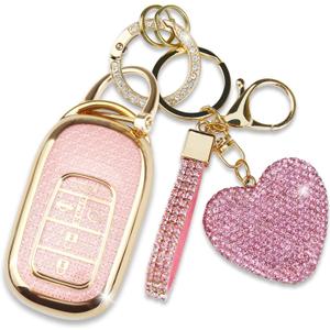 Key Fob Cover with Diamond Keychain, Car Key Shell for Women, Compatible with Honda 2023 2024 Accord Civic HRV CRV Pilot Smart Remote Key Protector (5 Buttons-Pink Heart)