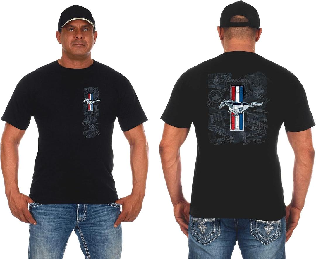 JH DESIGN GROUP Men's Ford Mustang T-Shirt Tri-Bar Pony Distressed Collage Black Shirt (3X-Large)