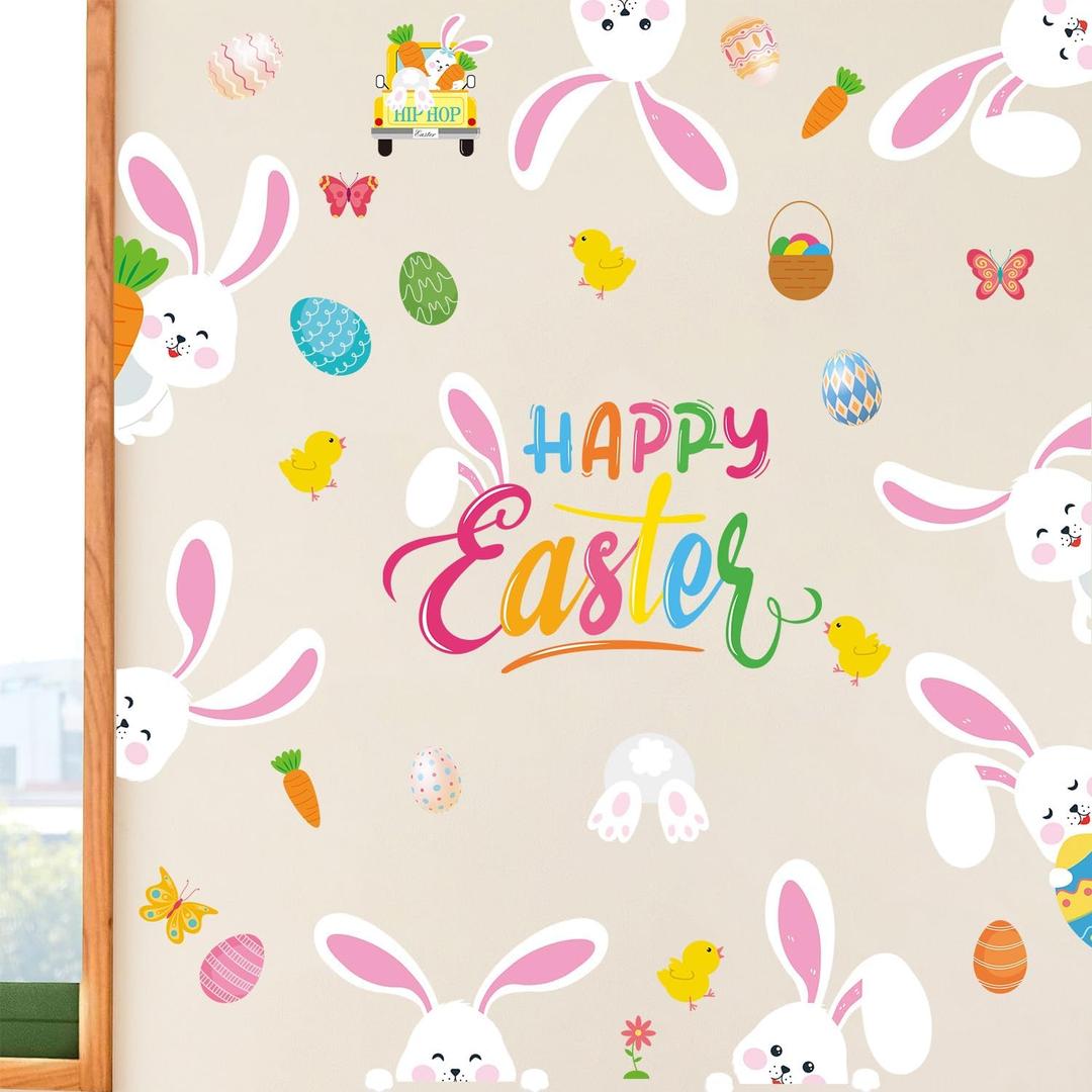 LHIUEM 50PCS Colorful Happy Easter Wall Decals Gift Cute Bunny Clings Easter Peeps Decorations Jumping Rabbits Decals Spring Clings for Windows Cute Eggs Bulletin Board Banner for Nursery Home