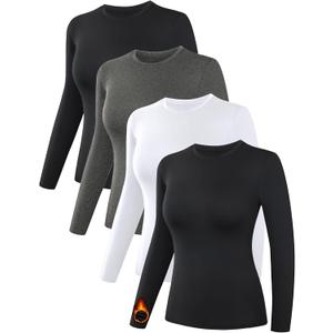Dalavch 4 Pack Womens Thermal Shirts, Women Fleece Lined Compression Long Sleeve Base Layer Tops for Winter Cold Weather (Medium, 2 Black 1 Heather Gray 1 White)