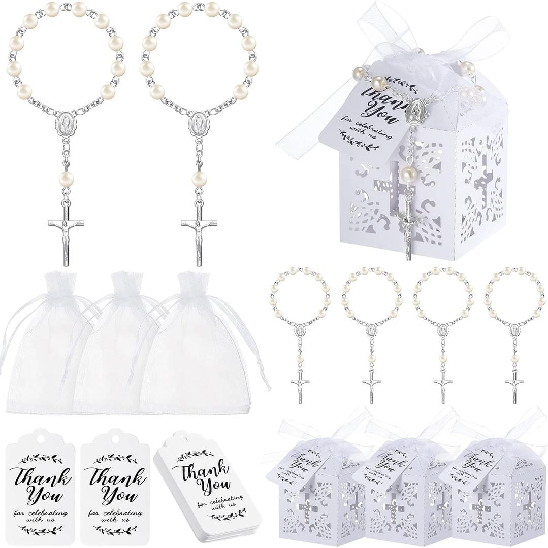 Yinkin 100 Pieces Rosaries Baptism Sets Including Mini Rosary, Cross Favor Boxes, Organza Gift Bags and Thank You Kraft Tags Guest Return Gifts for Baptism Wedding Decor(Silver)