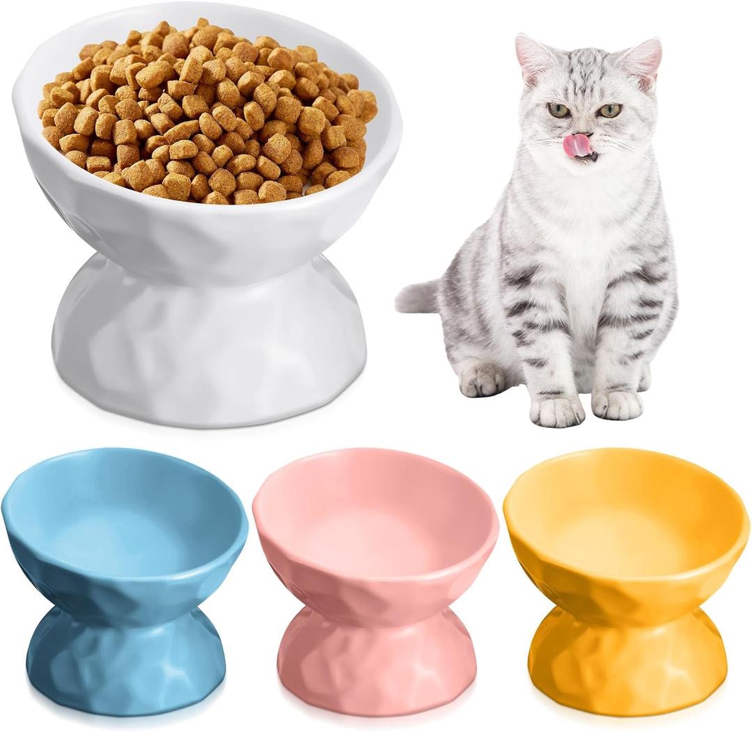 Bokon 4 Pcs Ceramic Raised Cat Bowl 6.8 oz Pet Food Bowl Anti Vomiting Pet Elevated Dog Feeder Tilted Cat Water Bowl Feeding Kitten Dishes for Small Dog Kitten(White, Yellow, Blue, Pink)