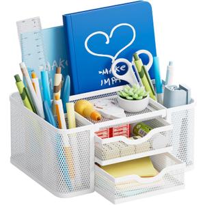 Marbrasse Mesh Desk Organizer, Pen Organizer with 2 Drawer, Multi-Functional Pencil Holder, Desk Organizers and Accessories with 5 Compartments + Drawer for Office Art Supplies (White)