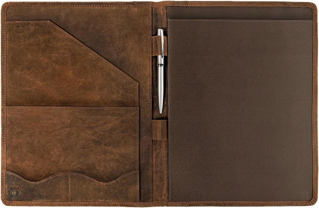 Moonster Leather Portfolio Professional Organizer Padfolio  Resume Folder with Luxury Pen - Leather Binder Portfolio Writing Pad with Business Card Holder - Portfolio Folder for Men & Women (Brown)