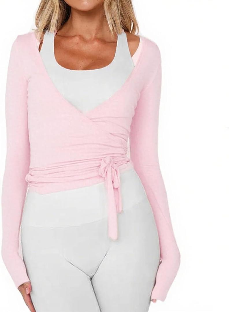 Women Ballet Wrap Top Long Sleeve Self Tie Dance Shirt Pilates Yoga Tops Y2k Workout Active Blouses (US, Alpha, Medium, Regular, Regular, Pink)