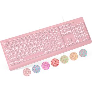 SABLUTE Large Print Backlit Keyboard, Wired USB Lighted Computer Keyboards with 7-Color & 4 Modes Backlit, Oversize Letters Keys Easy to See and Type, Quiet Keyboard Compatible for PC, Laptop -Pink