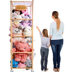 70 inch Extra Large Stuffed Animal Storage with Wheels, Wooden Stuff Animal Cage Stuffed Animal Holder with Elastic Band, Plush Toys Organizer Stuffed Animal Zoo for Playroom Bedroom Nursery Room