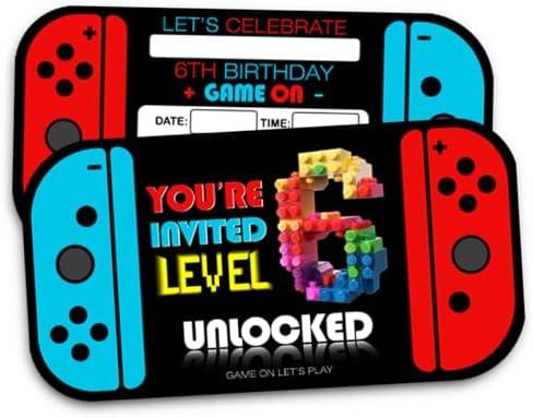 XIAOPNN Video Game 6th Birthday Party Invitation for Boys, 6 Years Old Kids Games Birthday Party Supplies, 30 Cards With 30 Envelopes, Set of 2
