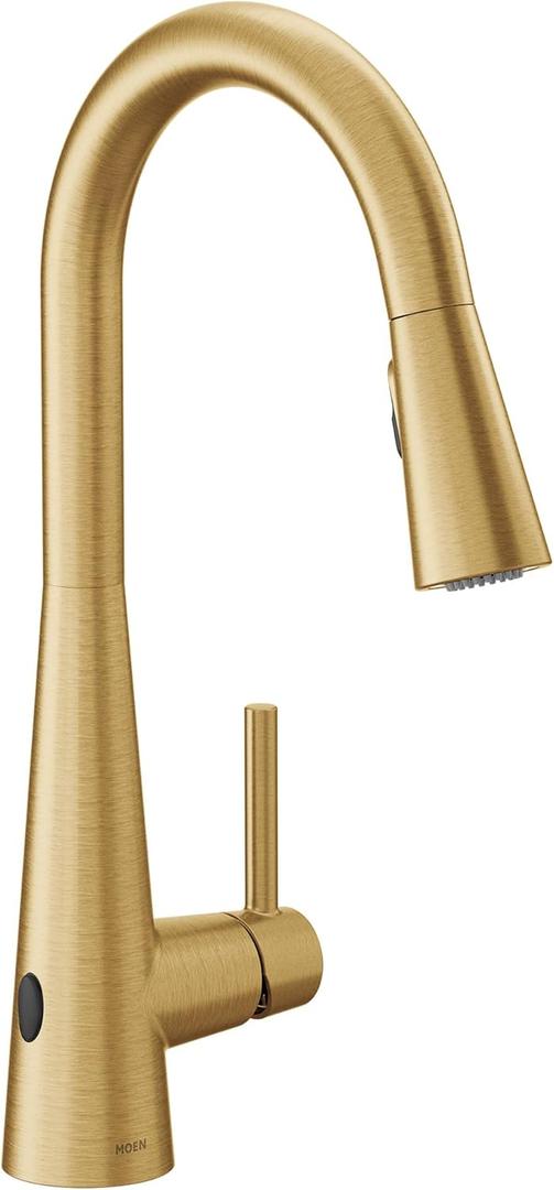 Moen Sleek Brushed Gold Motionsense Wave Sensor Touchless Kitchen Faucet, One-Handle Modern Kitchen Sink Faucet with Pulldown Sprayer Featuring Power Clean, 7864EWBG