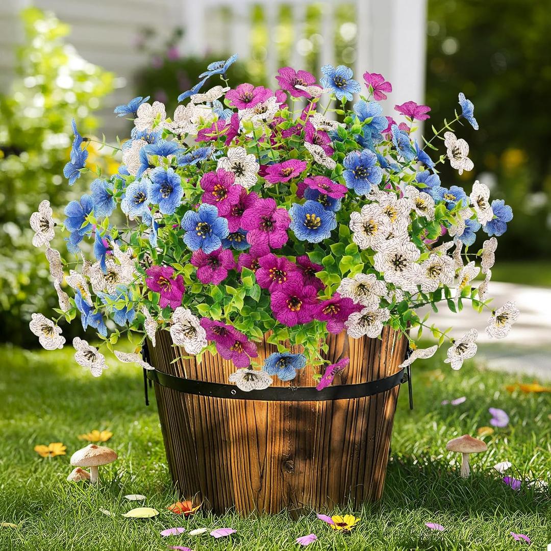 Artificial Spring Flowers Outdoors UV Resistant Plastic Flowers Outdoors Faux Flowers Fake Plants Outside for Garden Porch Planters Silk Flowers Daisy Decor, 6 Bundles (Mix White Blue Purple)