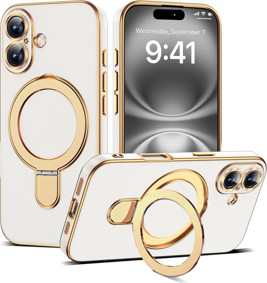 Compatible with iPhone 16 Case with Magnetic Ring Stand [Compatible with Mag-Safe] [Full Camera Lens Protector] Soft Plating Phone Case for iPhone 16 6.1", White
