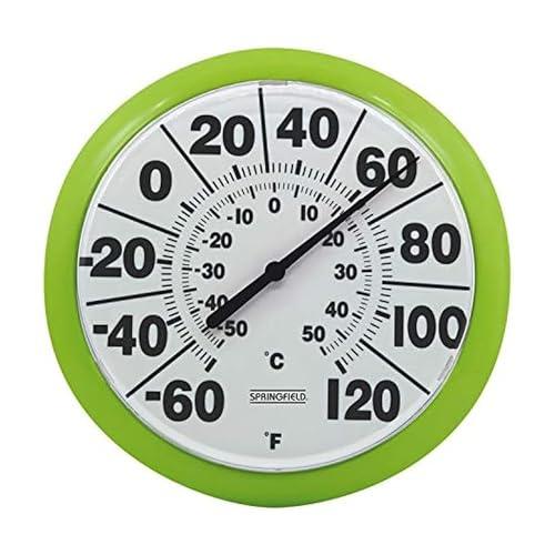 Springfield Indoor Outdoor Big and Bold Dial Thermometer, Wireless Thermometer with Easy to Read Numbers for Patio, Pool, and Indoor Areas, 8-Inch, Green