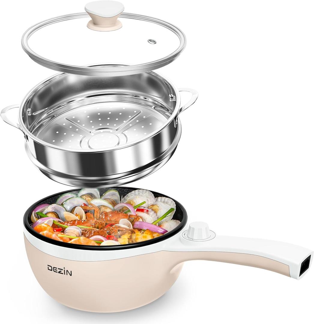 Dezin Hot Pot Electric with Steamer Upgraded, Non-Stick Saut Pan, Rapid Noodles Electric Pot, 1.5L Mini Pot for Steak, Egg, Fried Rice, Ramen, Oatmeal, Soup with Power Adjustment (Beige 2)