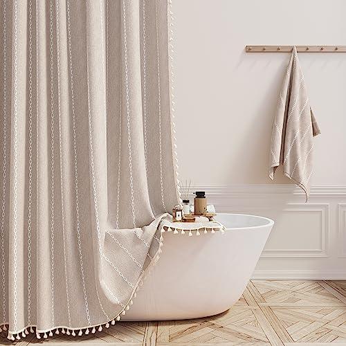 BTTN Extra Long Shower Curtain - 72x84 Long Boho Chic Striped Tassel Linen Fabric Shower Curtain Set with Hooks, Tall Modern Farmhouse Aesthetic Weighted Cloth Shower Curtains for Bathroom - Tan/Taupe