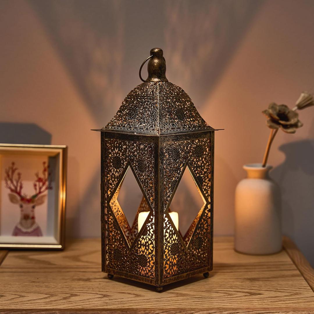Moroccan Lantern Lamp Decorative Candle Holders for Ramadan Decorations, Hanging, Outdoor Patio or Porch, Indoor Home Decor11.6inch Bronze