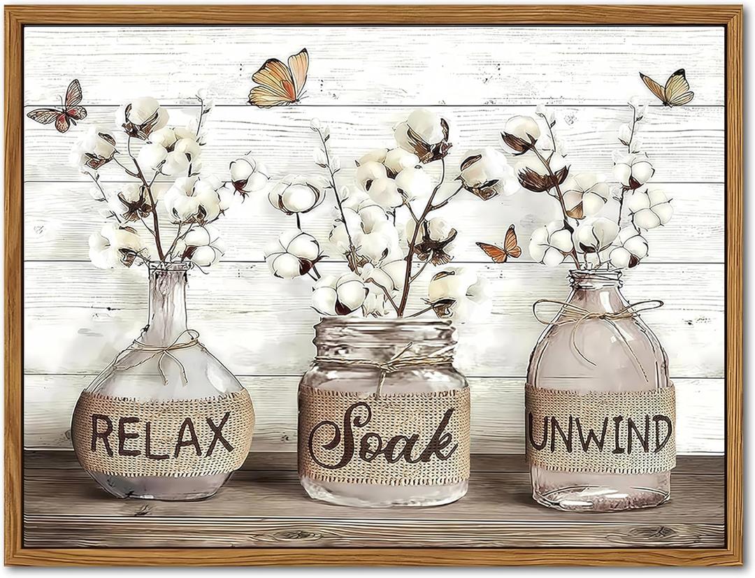 Floating Framed Farmhouse Bathroom Decor Wall Art, Rustic Cotton Pictures Canvas Wall Decor Paintings, Modern Country Relax Soak Unwind Sign Artwork Posters Prints for Bathroom 16x24 Inch