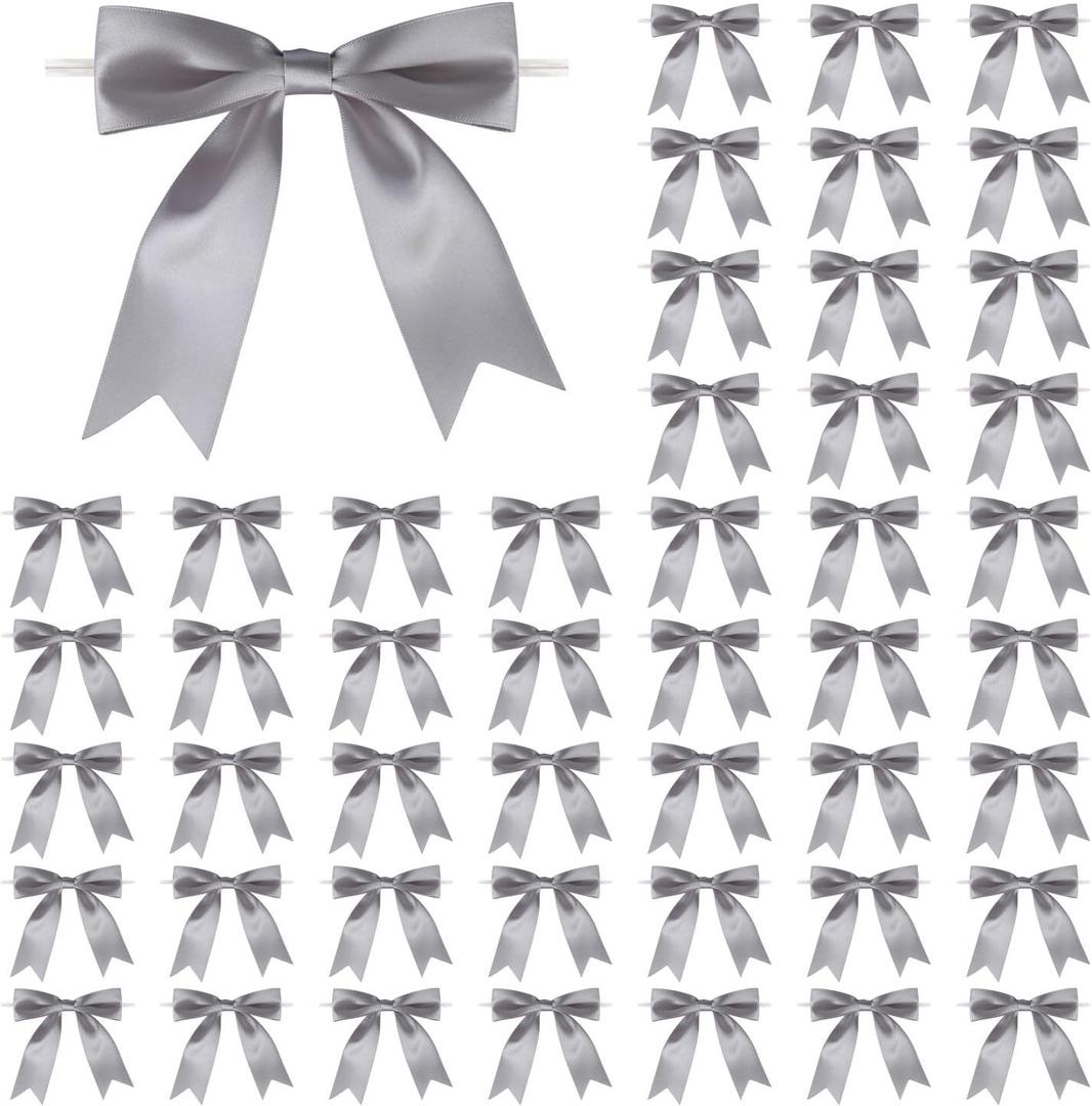 50 Pcs 5 Inches Twist Tie Satin Ribbon Bows Pretied Premade Craft Bows for Treat Bags Gift Wrapping Basket Wedding Baby Shower Brithday Christmas Party (Grey)