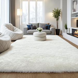 Fluffy 9x12 Large Area Rugs for Bedroom Living Room, Cream White Soft Washable Shag Carpet for Kids Room, Nursery, Dorm Decor, Colorful Cute Plush Fuzzy Rugs for Baby Toddler