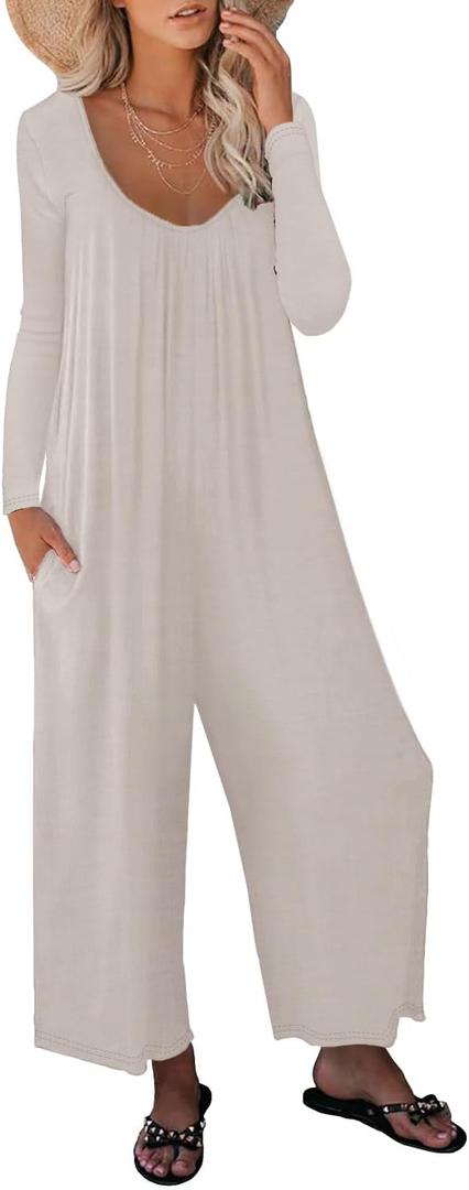 STOLKISS Women Casual Jumpsuits One Piece Loose Stretchy Long Sleeve Jumpsuit Wide Leg Long Pants Rompers with Pockets