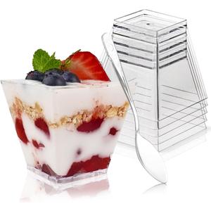 30 Pack 3.5 oz Square Dessert Cups with Spoons, Mini Plastic Parfait Appetizer Cups, Clear Reusable Small Shooter Cups, Serving Bowls for Tasting Party Samples Dessert Shot Glasses