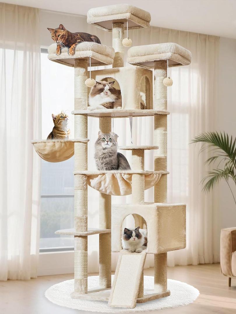 Taoqimiao Tall Cat Tree, 76In XL Cat Tower for Large Cats, 3 Padded Perches | Oversized Metal Hammock, 2 Big Condos, 1-Piece Ramp Scratcher, 7 Natural Sisal Posts, Hanging Basket, Beige, MS047M