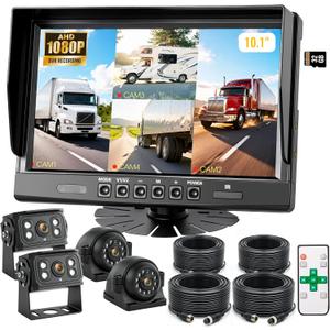 4-Wired Backup Camera System, 10.1" DVR Quad Screen Rear Side View Cameras, IP69 Waterproof IR Night Vision, 20G Vibration-Proof for Trailer/RV/Tractor/Combine/Skid Steer/Heavy Equipment, Y4