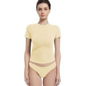 Abonlen Crewneck Short Sleeve T Shirts for Women Fitted Basic TeesY2k Going Out Tops (Small,Pale Yellow)