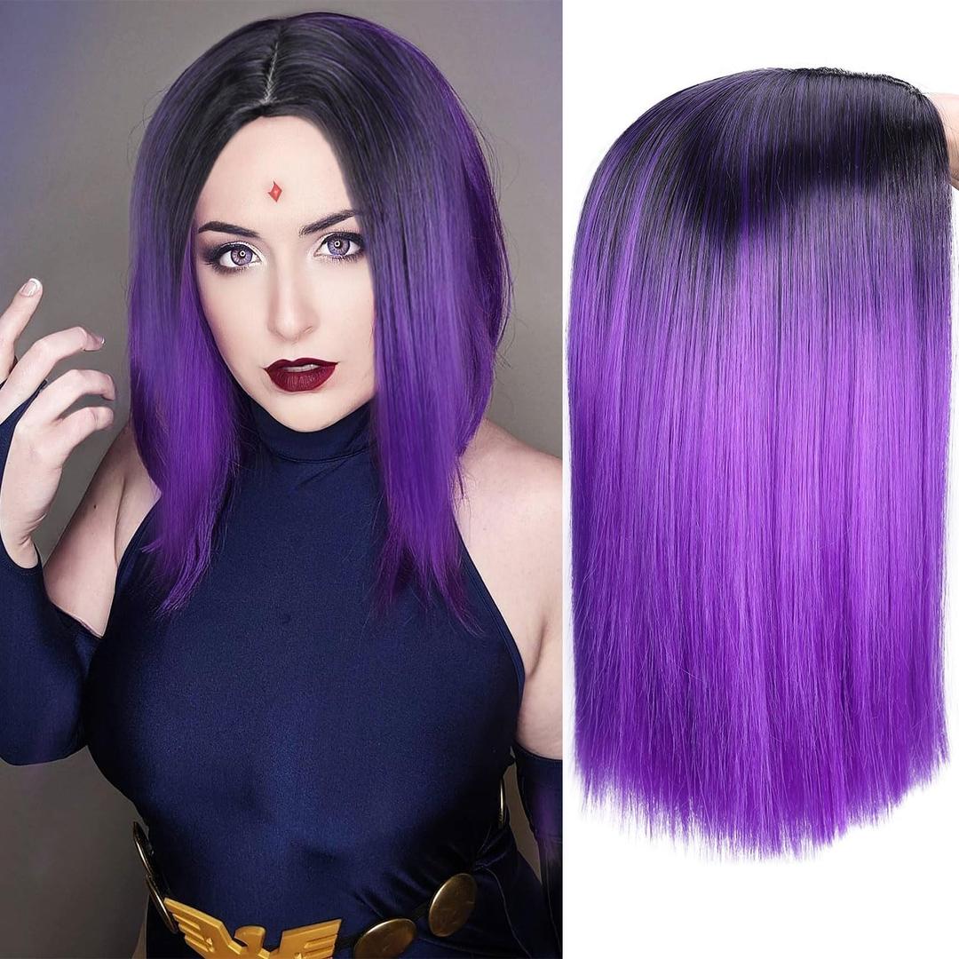 Ombre Purple Short Straight Wigs Middle Part Shoulder Length Purple Dark Roots Natural Synthetic Wigs for Women Daily Party Cosplay Raven