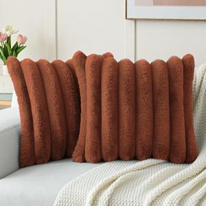 FUTEI Rust Decorative Throw Pillow Covers 18x18 Inch Set of 2, Square Soft Faux Rabbit Fur Big Striped Cushion Cover,Home Decor for Couch Sofa Bed Living Room