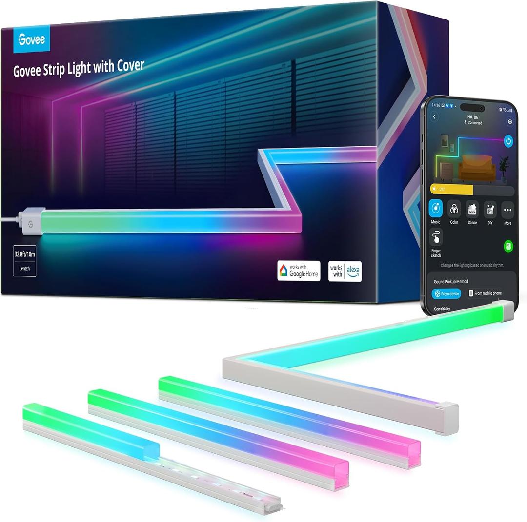 Govee RGBIC LED Strip Lights 32.8ft with Covers, Smart Lights Work with Alexa and Google Assistant, LED Diffuser Channel with LED Lights for Bedroom, Skirting Lines, Studio, Cabinet