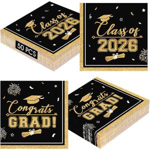 50 Pcs Graduation Napkins Class of 2026 - Black Gold Congrats Grad Napkins Set, 3-Ply Disposable Graduation Luncheon Dinner Party Paper Napkins for Graduations Party Supplies Table Decoration