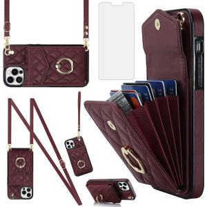 Asuwish Phone Case for iPhone 12 Pro Max 6.7 Wallet Cover with Tempered Glass Screen Protector Ring RFID Blocking Card Holder TPU Cell iPhone12promax 5G i 12s Plus iPhone12 12pro Promax Women Wine Red