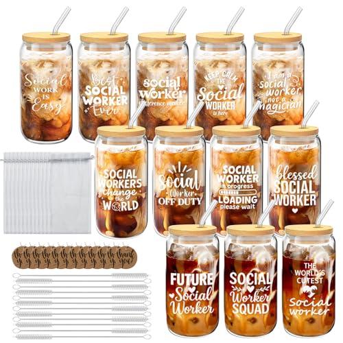 Cubotn 12 Set Social Worker Appreciation Gifts Bulk Christmas Gifts for Social Worker Employee Coworker Team Staff Thank You Gifts Glass Cups 16 oz with Lids Straws Brushes and Gift Cards