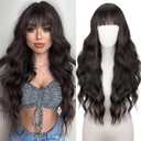 NOSTALGIA Brown Wig With Bangs Long Wavy Wig for Women Synthetic Curly Wavy Wig Natural Looking Hair Replacement wigs for Daily Party Use (26 Inch)