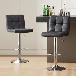Sweetcrispy Bar Stools Set of 2, Armless PU Leather Adjustable Swivel Barstools, Hydraulic Kitchen Counter Height Thickened Seat Cushion Square Island Countertop Chairs with Back - Modern Black