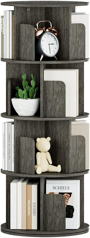 OTK Rotating Bookshelf, 360 Display Standing Book Shelf Organizer, 4 Tier Wooden Corner Bookshelves for Small Space, Small Bookcase Storage Rack for Kids' Room, StudyRoom, Bedroom, Black Oak
