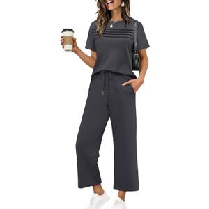 WIHOLL Two Piece Sets for Women Summer Spring Travel Vacation Outfits Short Sleeve Lounge Sets Side Slit Wide Leg Pants 2XL