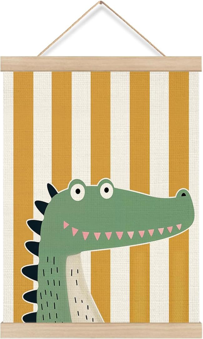 KRHFG Cute Crocodile Nursery Wall Art Poster Framed, Animal Lover Gifts, Trendy Yellow and White Striped Alligator Animal Hanging Canvas Prints Wall Decor for Kids Room Nursery, 12x16 Inch