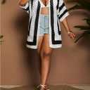 Floerns Women's Plus Size Hollow Out Lightweight Cardigan 3/4 Sleeve Knit Open Front Striped Sweaters (Black, XL)