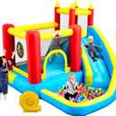 Inflatable Bounce House with Slide, Jumping Castle with Blower, Climbing Wall, Dartboard, Basketball Hoop and 50 Ball Pit Balls, 108x122x86 Inch