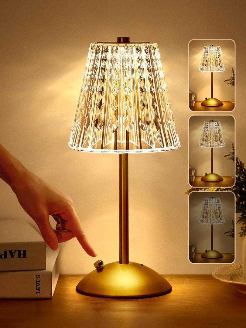 Cordless Lamp, Crystal+Dimmable+3 Colors Rechargeable Lamp, Touch+2000mAh Battery Operated Vintage Ambient Light for Kitchen/Bedroom/Bathroom Shower/Table, Gifts for Teenage Girls, Gifts for Women
