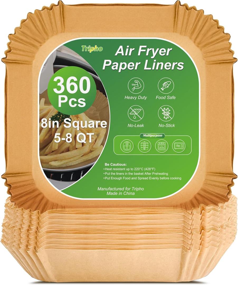 360 Pcs 8 Square Unbleached Heavy Duty Air Fryer Paper Liners Disposable, Non-Stick & Non-Leak Parchment Paper Liners for Airfryer Basket, Deep Fryer Parts & Accessories