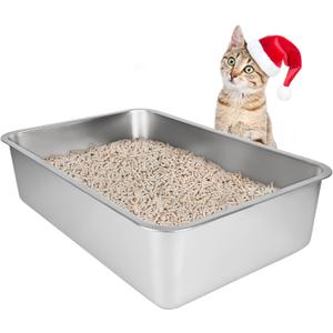 IKITCHEN Stainless Steel Cat Litter Box, Large Metal Litter Box for Cats, Never Absorbs Odors,Stain Free, Rustproof, Non Stick Smooth Surface, Anti-Slip Rubber Bottom, 19.5" L x 13.5" W x 6" H