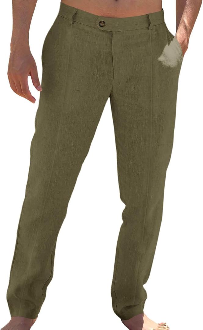 Runcati Mens Casual Pants Elastic Waist Cotton Linen Pants Pleated Loose Fit Lightweight Beach Yoga Trousers, L