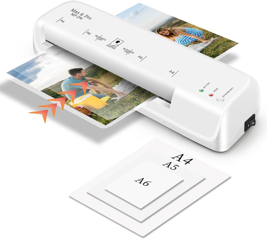 9 Inch Thermal Laminator with 40 Laminating Sheets, Small Desktop Laminator Machine for Home Office School Teachers, Hot/Cold, 3mil/5mil, Anti Jam, A4/Letter/Photos/Cards, White Laminator by Mas & Pro