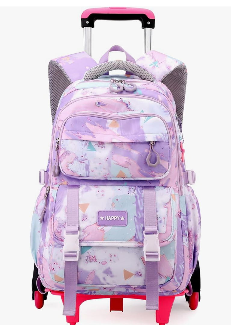 Kids Rolling Backpack for Girls School Backpack with Wheels for Girls Wheeled Bookbags Roller Trolley Bags for Primary Students, 6-Wheel Purple