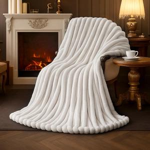 Amlie Home Faux Fur Throw Blanket for Couch, Cozy Fuzzy Fluffy Fur Luxurious Soft Striped Plush Gift Blankets for Family Sofa Chair Bedroom, 55"x70", Ivory