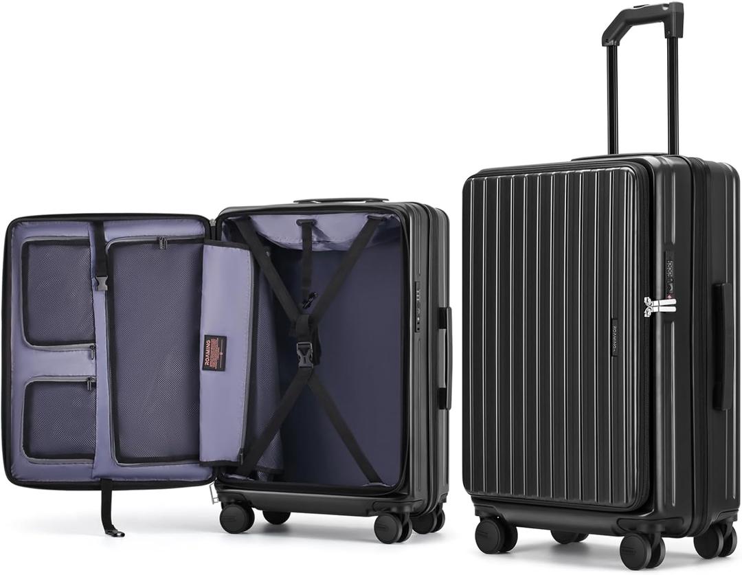 ROAMING 20 Inch Carry On Luggage Hard Shell Suitcases with Wheels Cup Holder Tsa Approved Luggage Suitcase Travel Luggage for Women Men Rolling Luggage Bags for Business Trip Weekender-Black