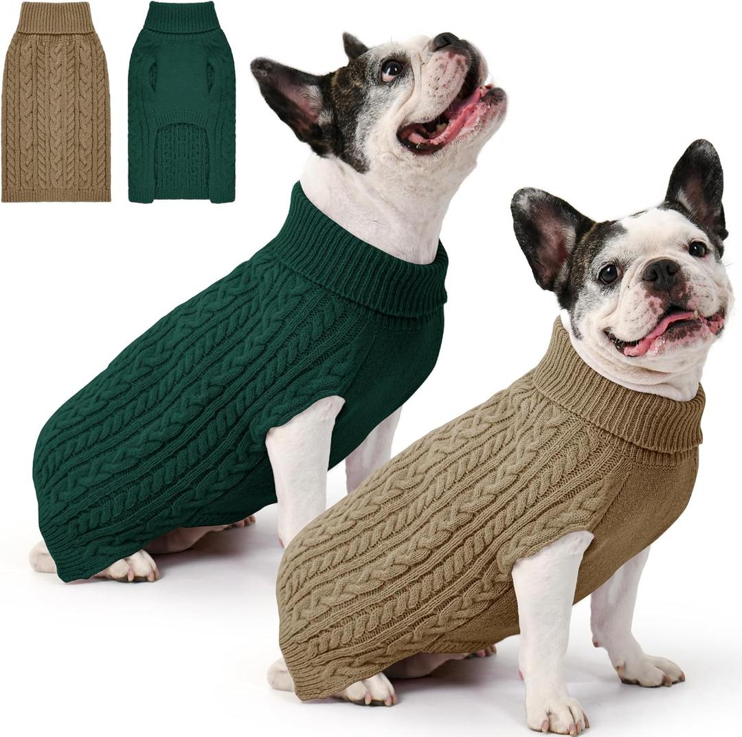 Lorehelina 1 Pack Dog Sweaters for Medium Dogs Winter Turtleneck Pullover Cable Knit Fleece Stretch Frenchie Dachshund Pug Corgi Beagle Boy Girl Pet Clothes (M Green)